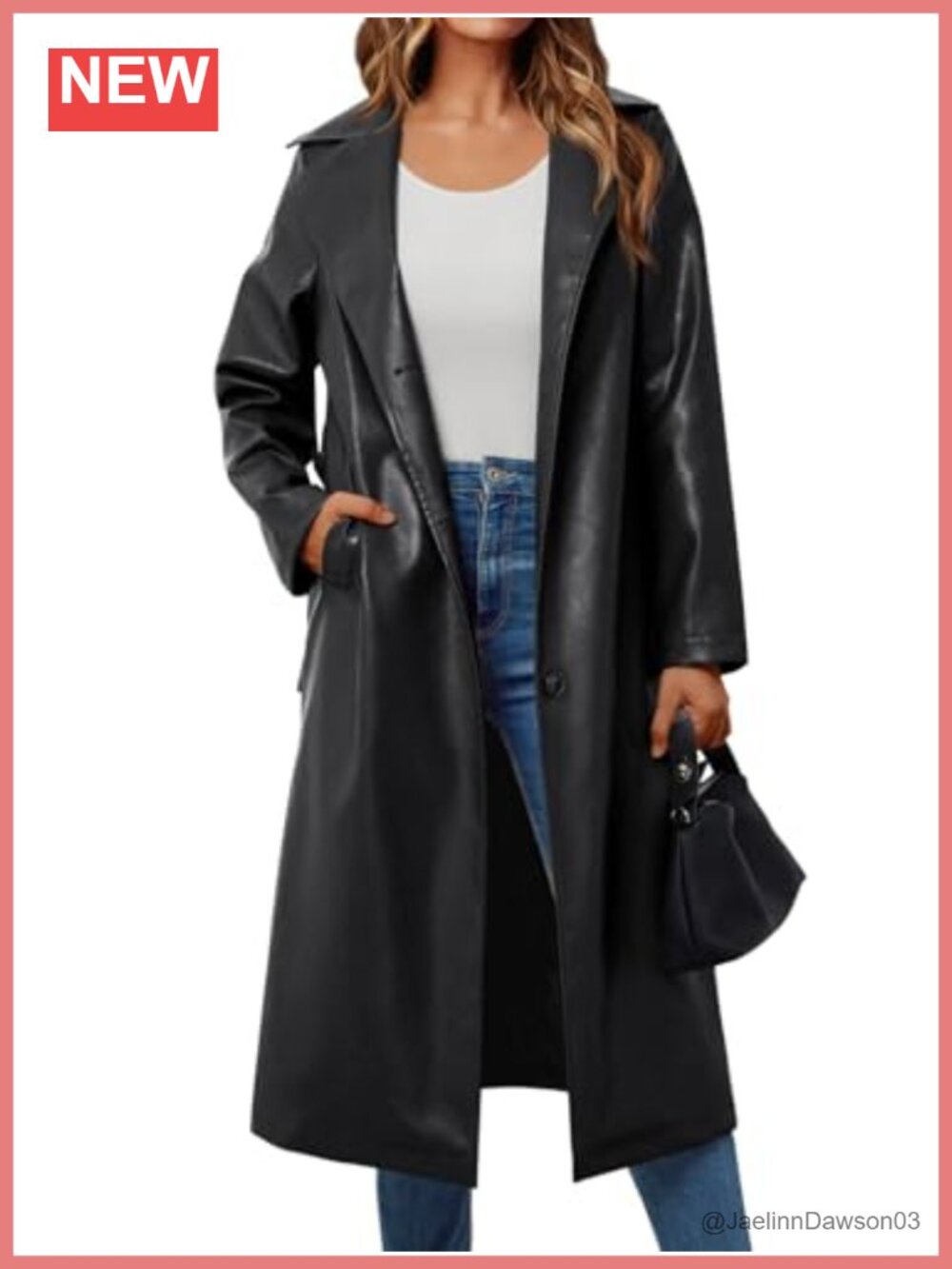 Faux Leather Trench Coat Belted Long Three Breasted Women's